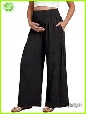 Maternity Smocked Waist Palazzo Pants Wide Leg Casual Trousers